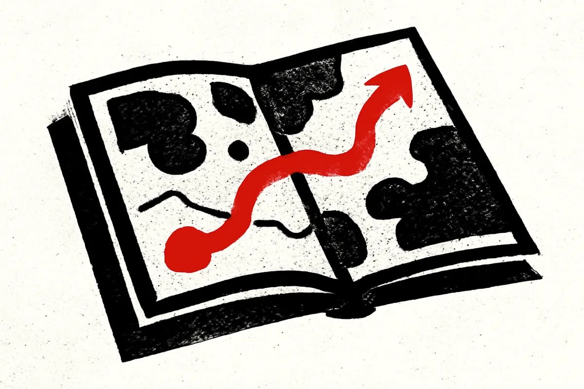 Illustration of an open book with a path drawn across it
