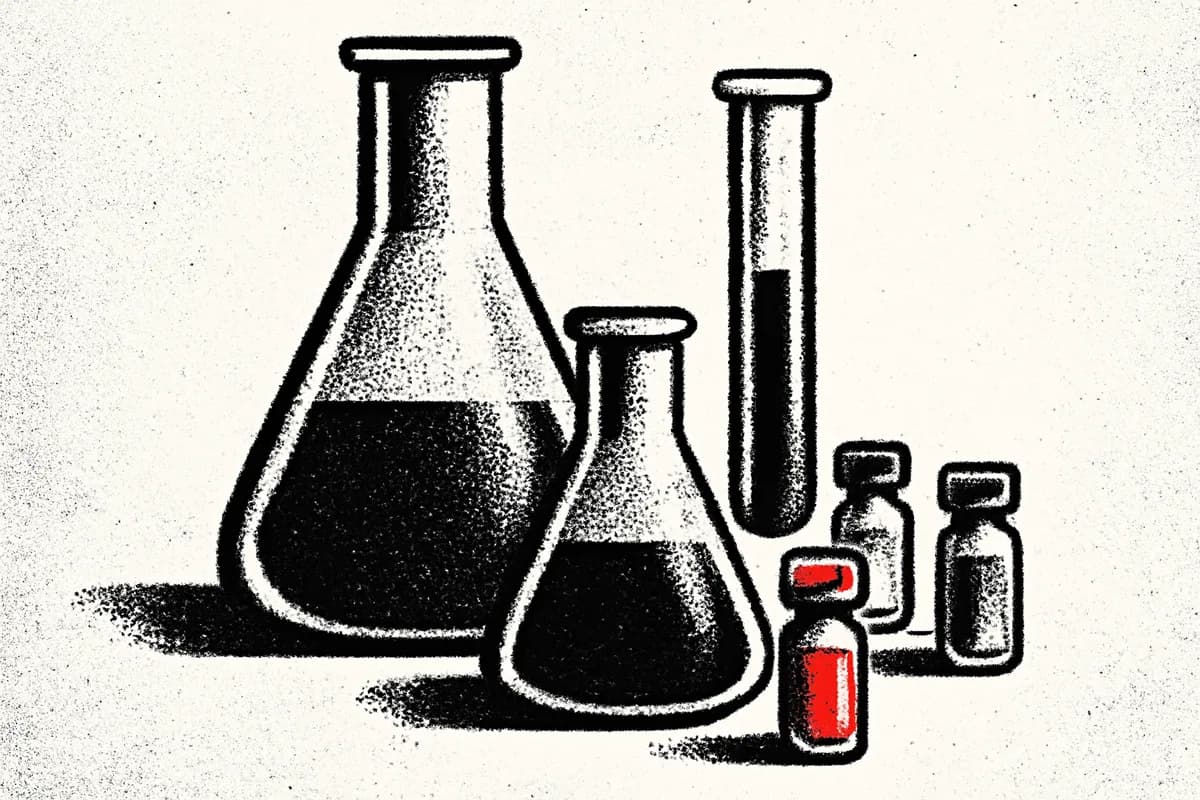 Illustration of laboratory glassware and sealed vials