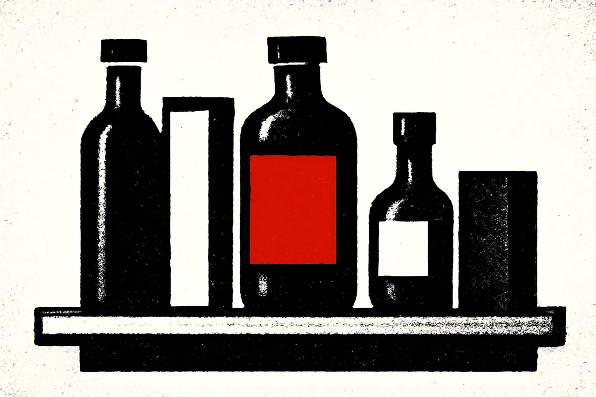 Illustration of bottles and boxes lined up on a shelf